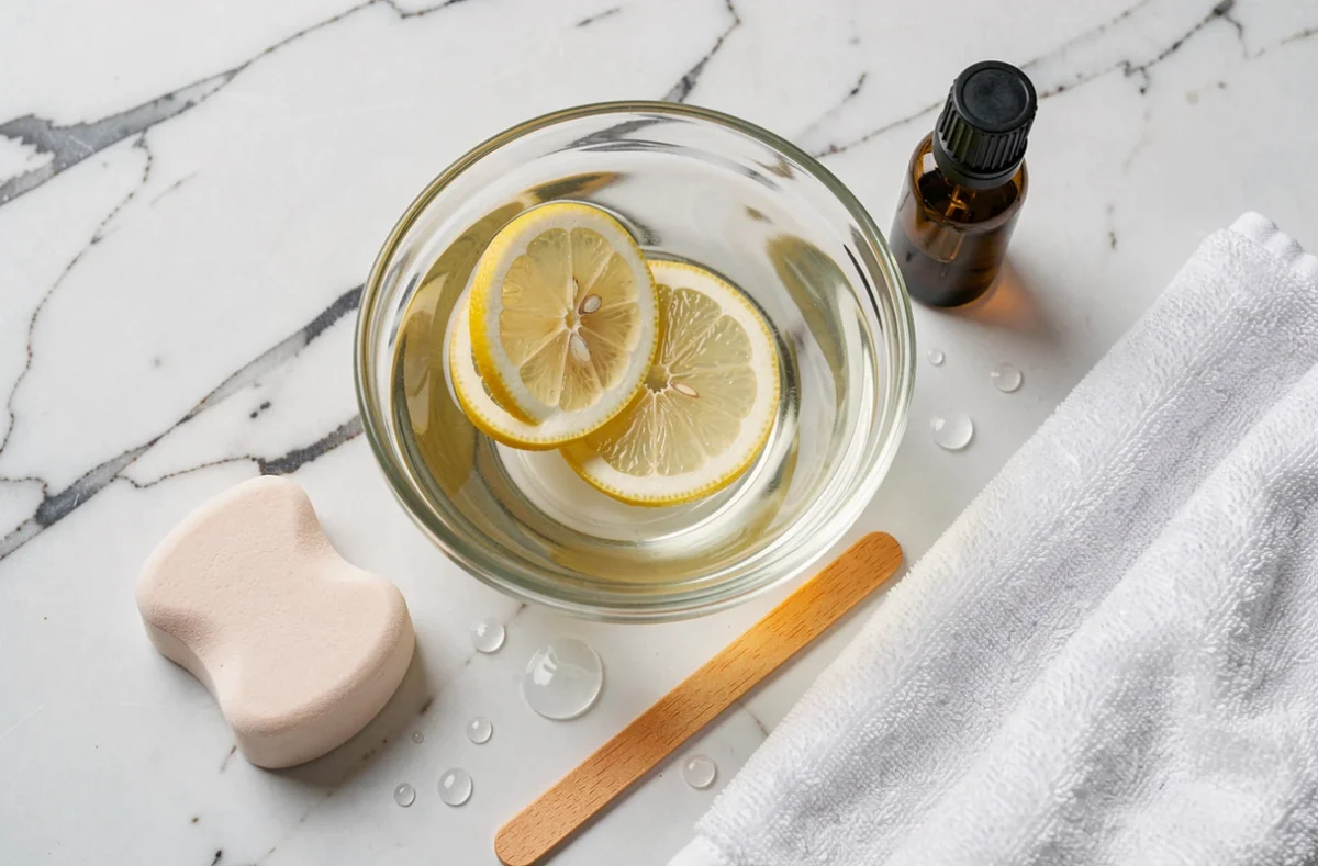 Accessoires de pédicure pour ramollir les ongles des pieds disposés sur du marbre blanc