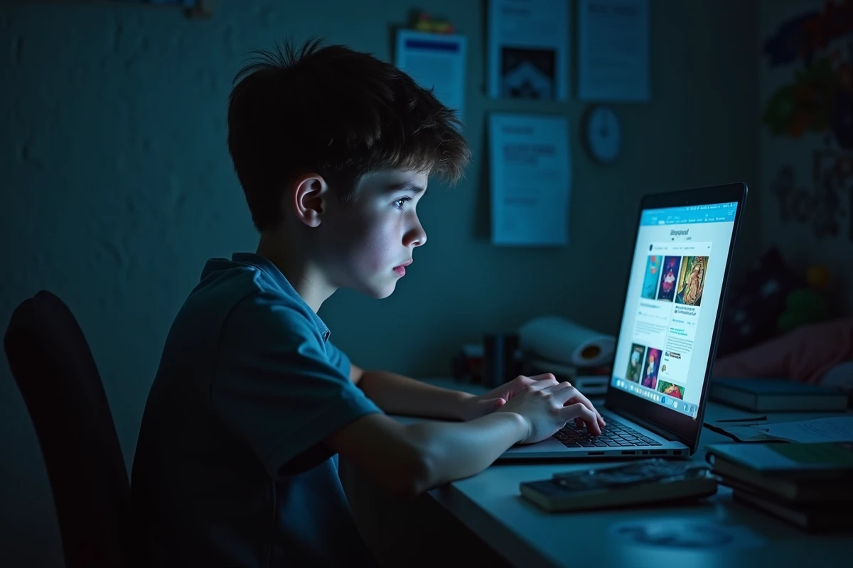 Adolescent fatigué devant son ordinateur la nuit sur les réseaux sociaux, lien entre usage numérique excessif et dépression