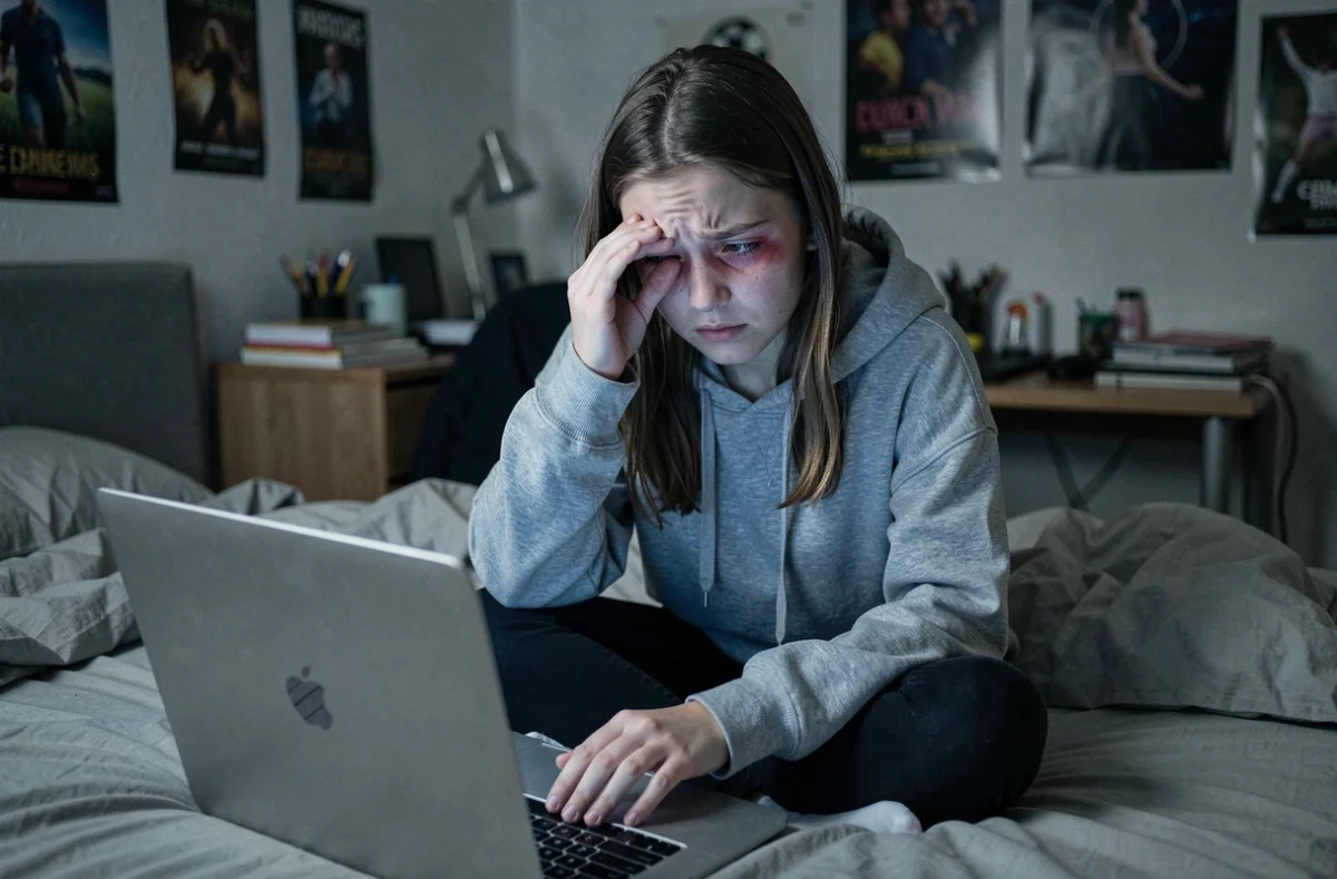 Adolescente fatiguée les yeux rouges devant un écran d'ordinateur portable dans sa chambre