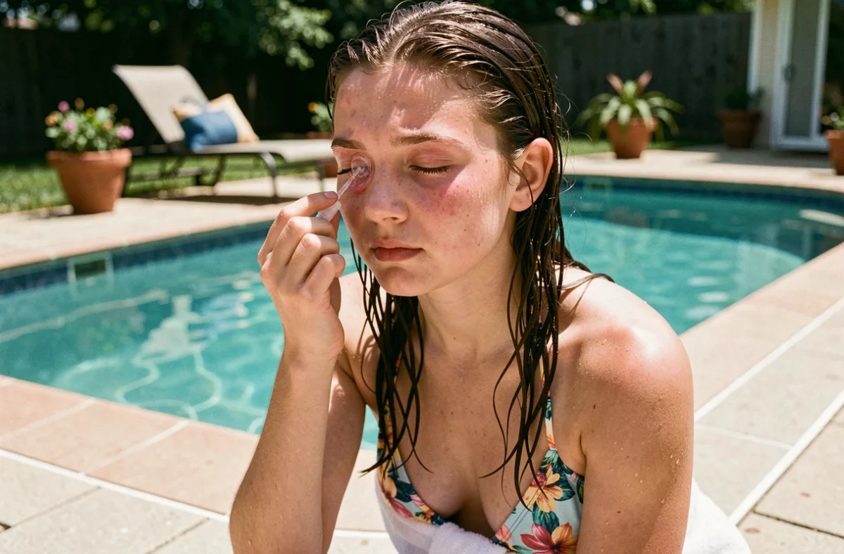 Adolescente appliquant des gouttes oculaires sur un œil gonflé au bord d'une piscine extérieure