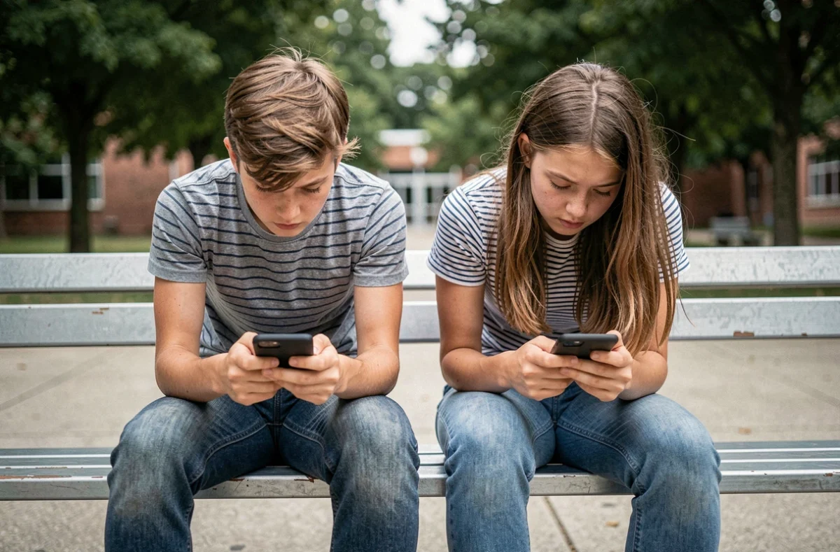 Deux adolescents en pause scolaire fixant leurs smartphones avec des signes de fatigue oculaire numérique