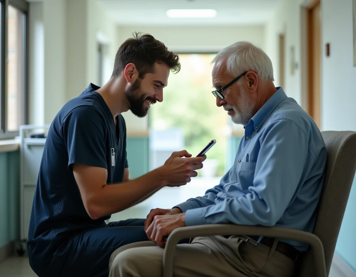 Aide-soignant consultant une application médicale sur smartphone auprès d'un résident âgé dans un couloir d'EHPAD