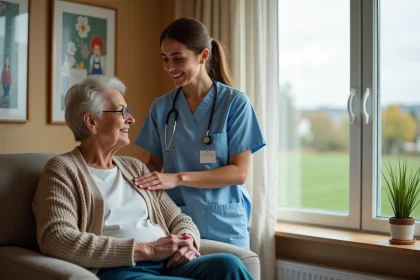 Aide soignante en EHPAD rural accompagnant une résidente âgée dans sa chambre, illustrant le métier et les conditions de travail en zone rurale