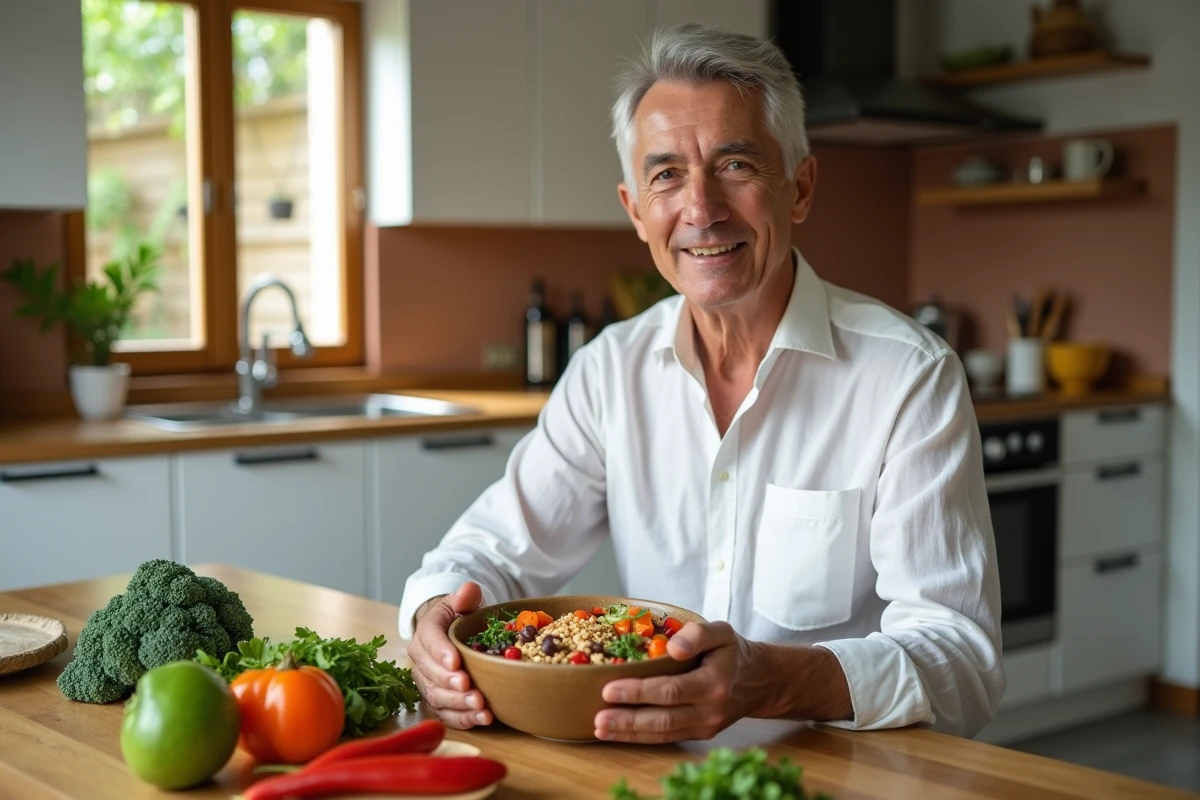 Homme senior préparant un repas équilibré à base de légumes et céréales complètes pour prévenir les maladies dégénératives