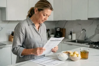 Femme lisant une liste d'aliments autorisés avant une coloscopie, avec des aliments légers posés sur un comptoir de cuisine