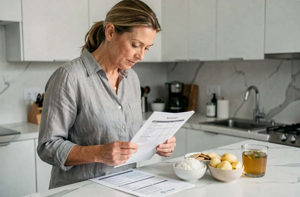 Femme lisant une liste d'aliments autorisés avant une coloscopie, avec des aliments légers posés sur un comptoir de cuisine
