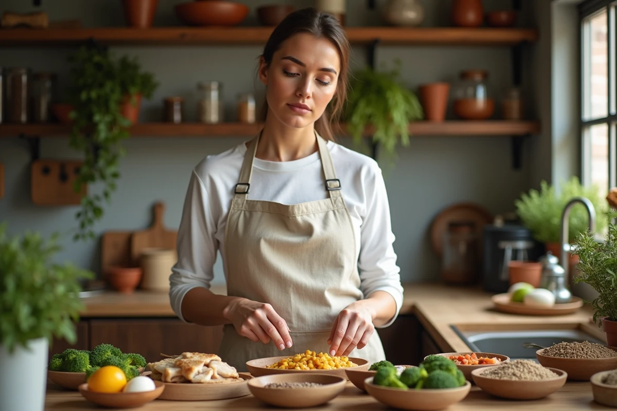 Femme préparant des aliments riches en protéines qui brûlent des calories lors de la digestion, dans une cuisine rustique