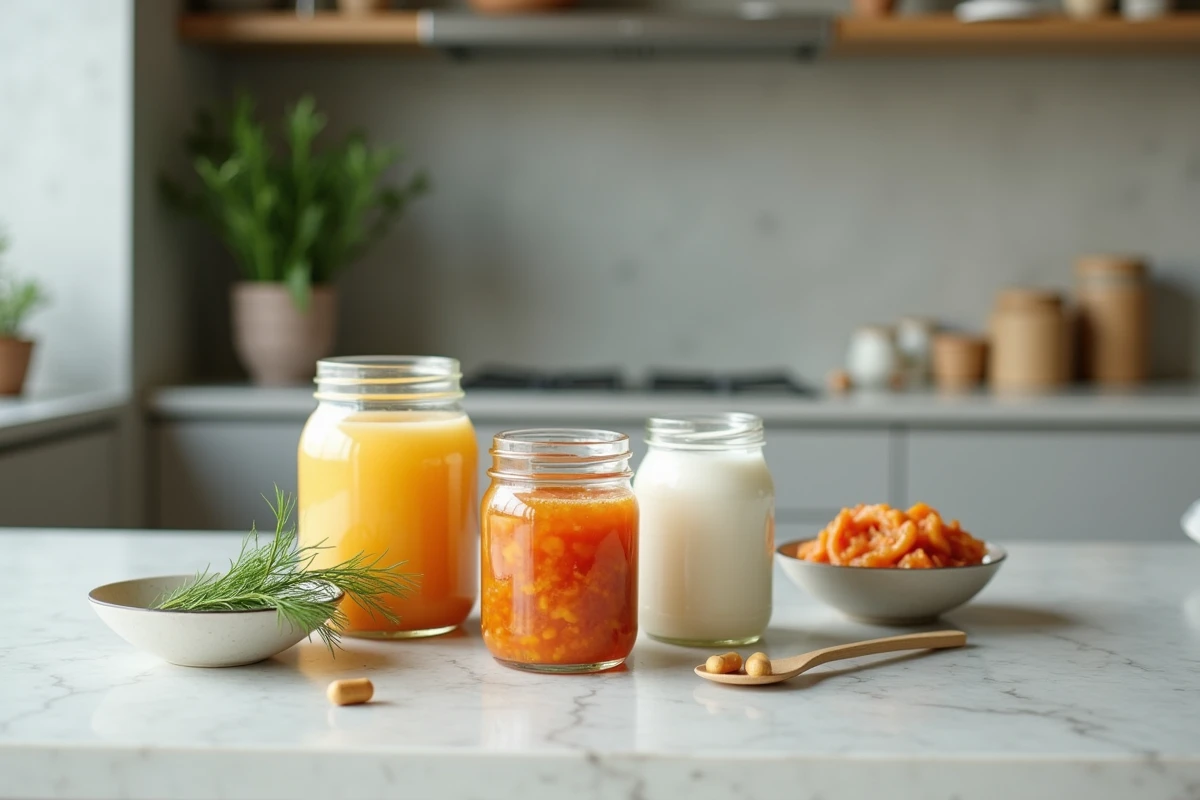 Aliments fermentés et probiotiques en gros plan sur un plan de travail en pierre, symboles d'un microbiote sain