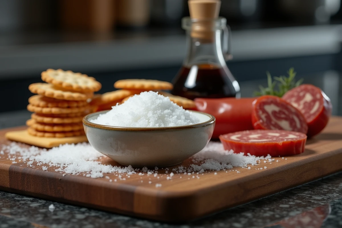 Aliments riches en sel comme charcuterie, crackers et sauce soja sur une planche en bois, facteurs aggravants de la cellulite