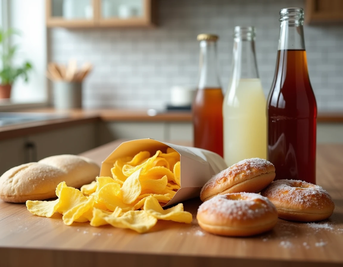Aliments ultra-transformés et sucrés à éviter pour lutter contre la cellulite, vue du dessus sur une table en bois