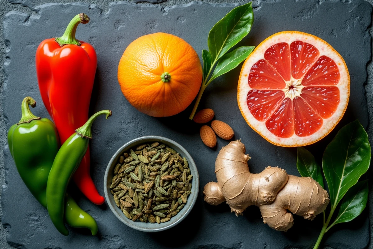 Vue aérienne d'aliments thermogéniques et riches en fibres qui stimulent la digestion et brûlent des calories