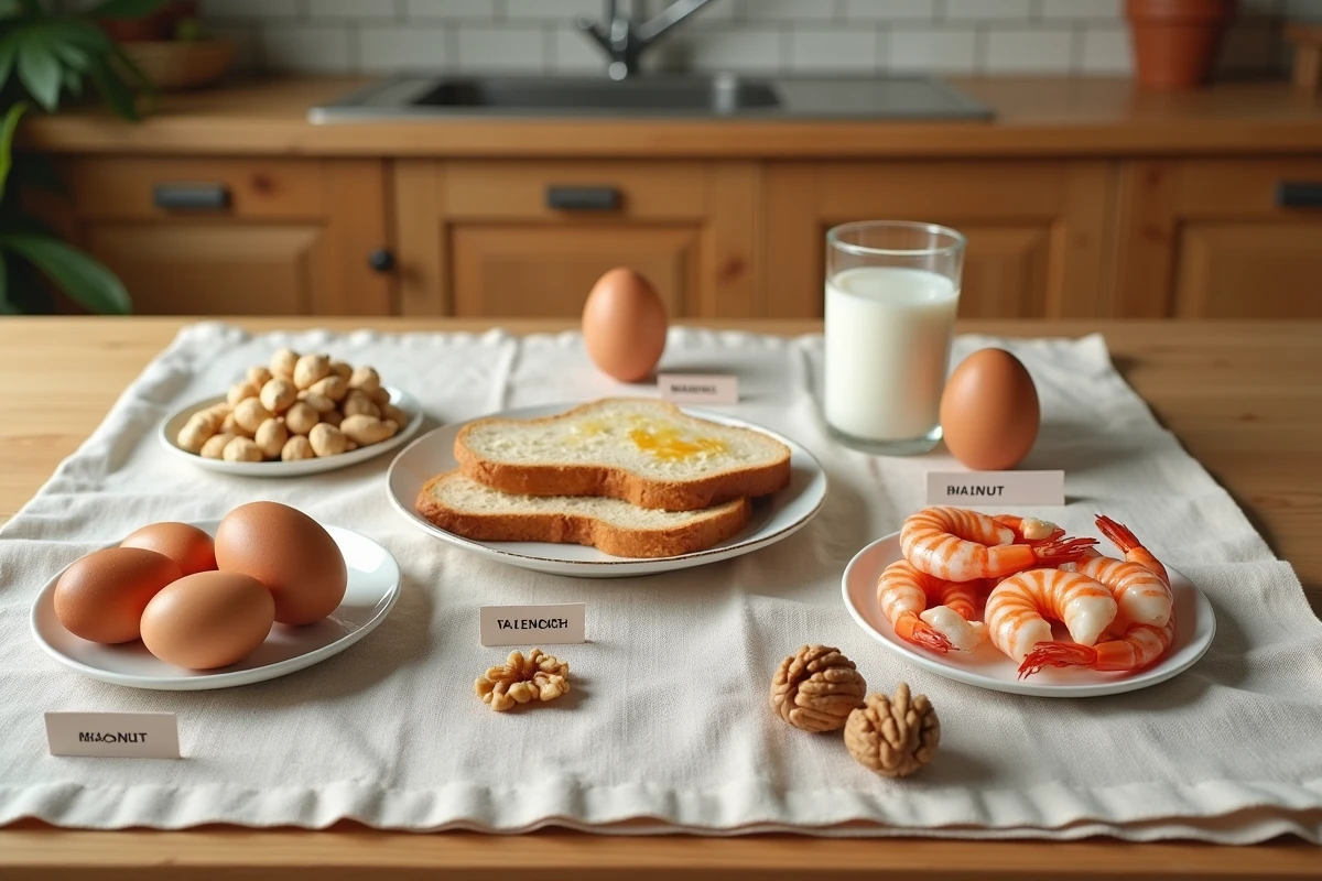 Présentation à plat des allergènes alimentaires courants sur une table en bois : arachides, œuf, lait, crevettes, blé et noix avec étiquettes