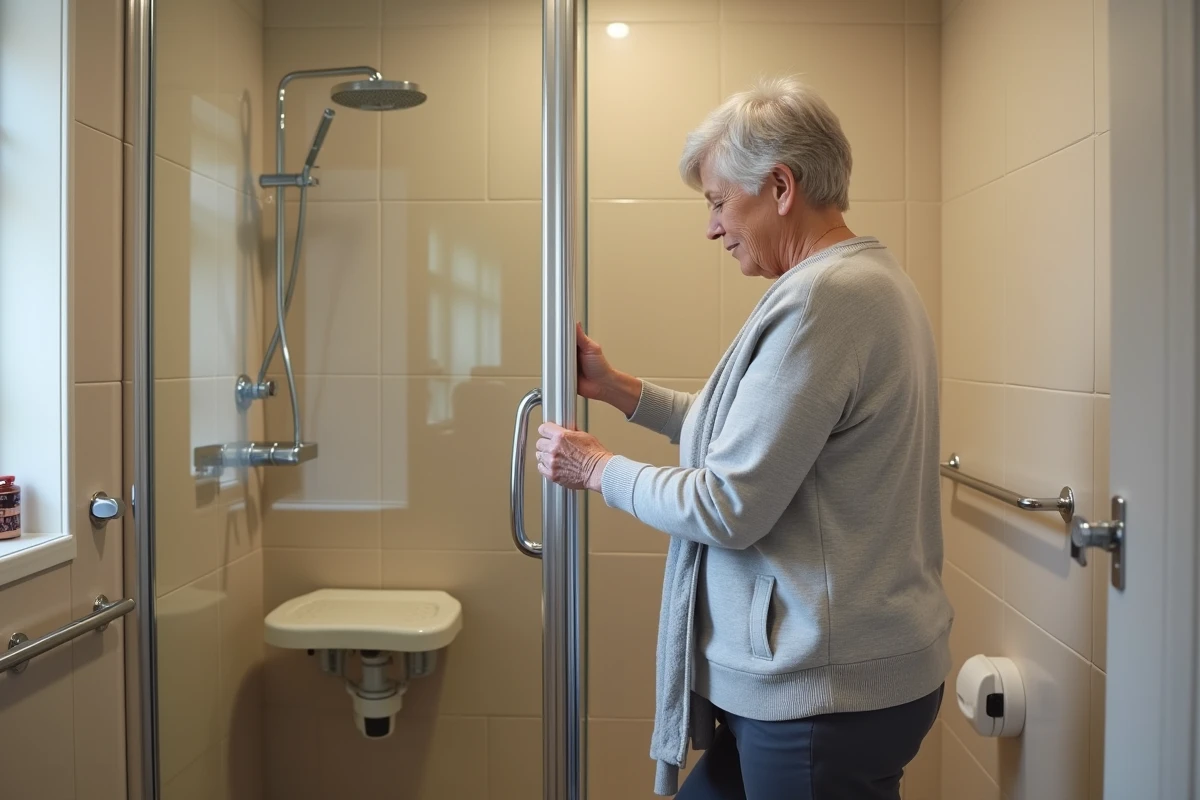 Femme de 70 ans s'appuyant sur une barre d'appui dans une salle de bain aménagée pour prévenir les chutes