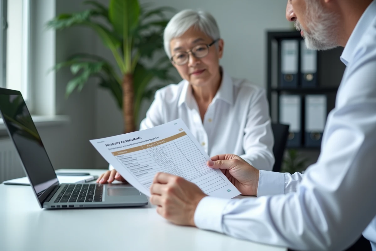 Professionnel de santé analysant un rapport de bilan d'autonomie dans un bureau