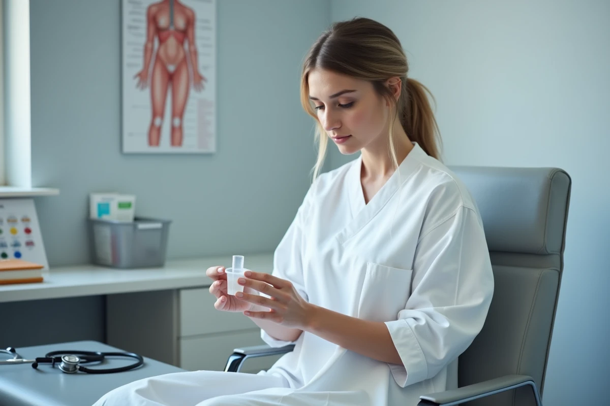Patiente tenant un échantillon d'urine lors d'un examen médical pour contrôle rénal
