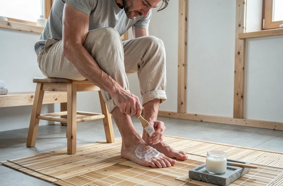Homme appliquant une crème hydratante sur les ongles des pieds pour les ramollir en douceur