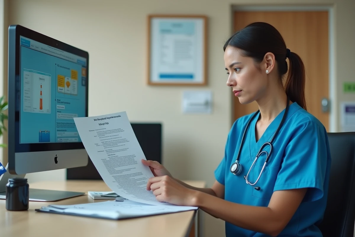 Infirmière consultant les textes législatifs encadrant l'administration des médicaments