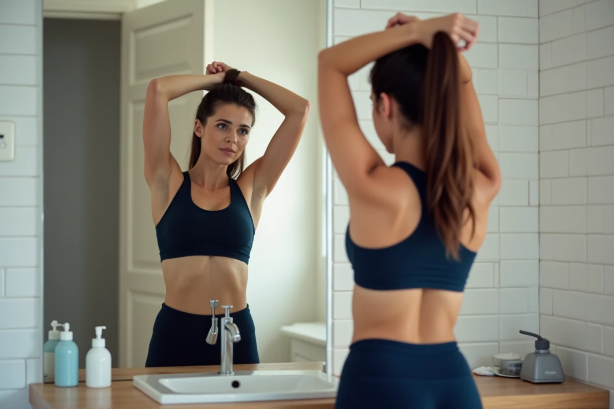 Femme inspectant son aisselle gauche devant un miroir de salle de bain, geste d'auto-examen pour détecter des ganglions ou une douleur