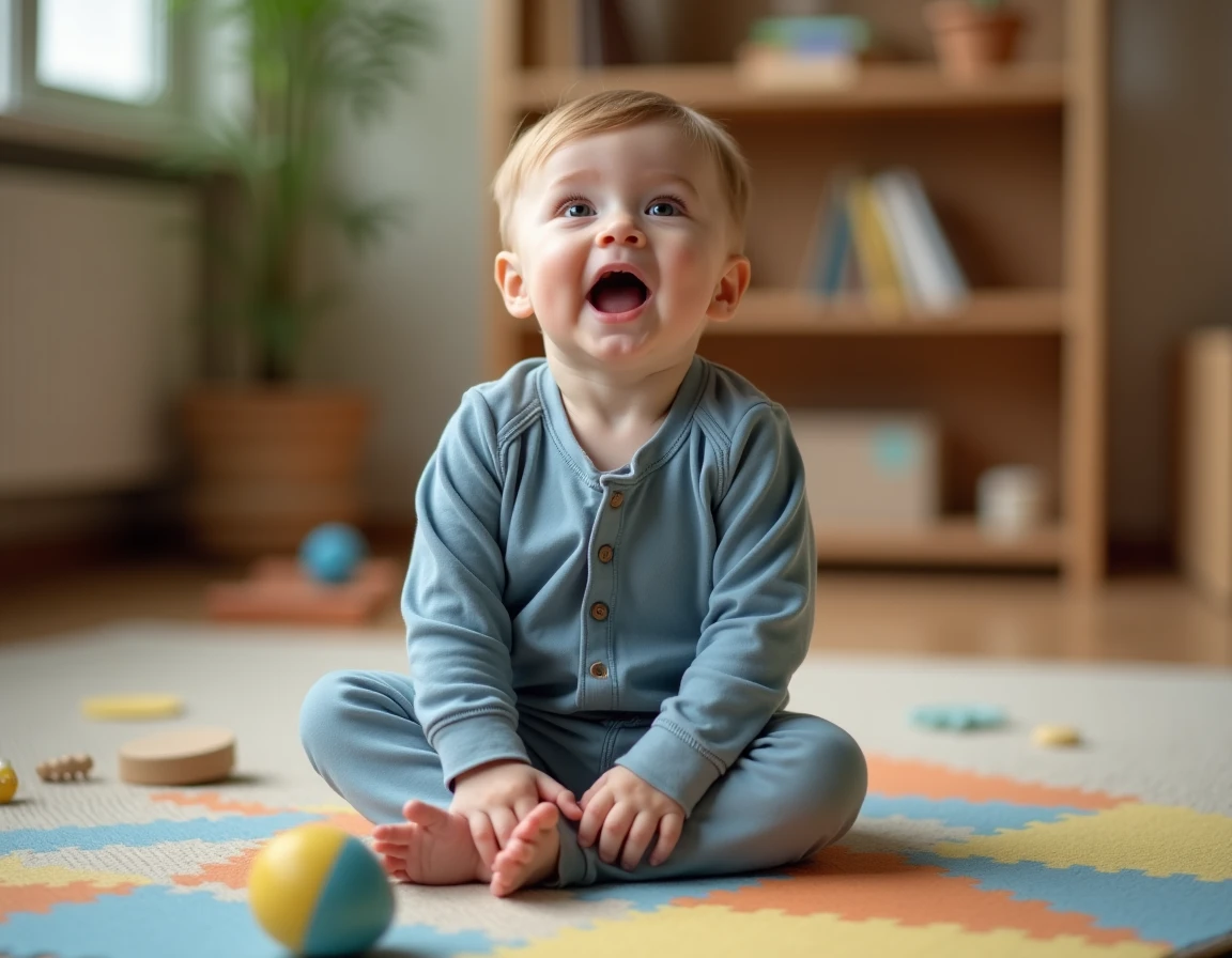 Bébé garçon autiste de 18 mois vocalisant sur un tapis de jeu coloré dans un salon familial