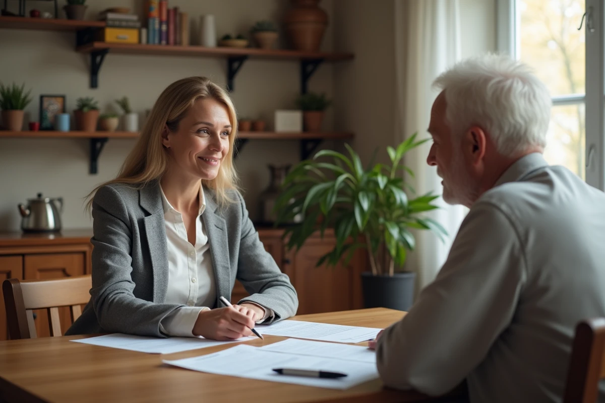 Travailleuse sociale réalisant un bilan d'autonomie avec une personne âgée à domicile