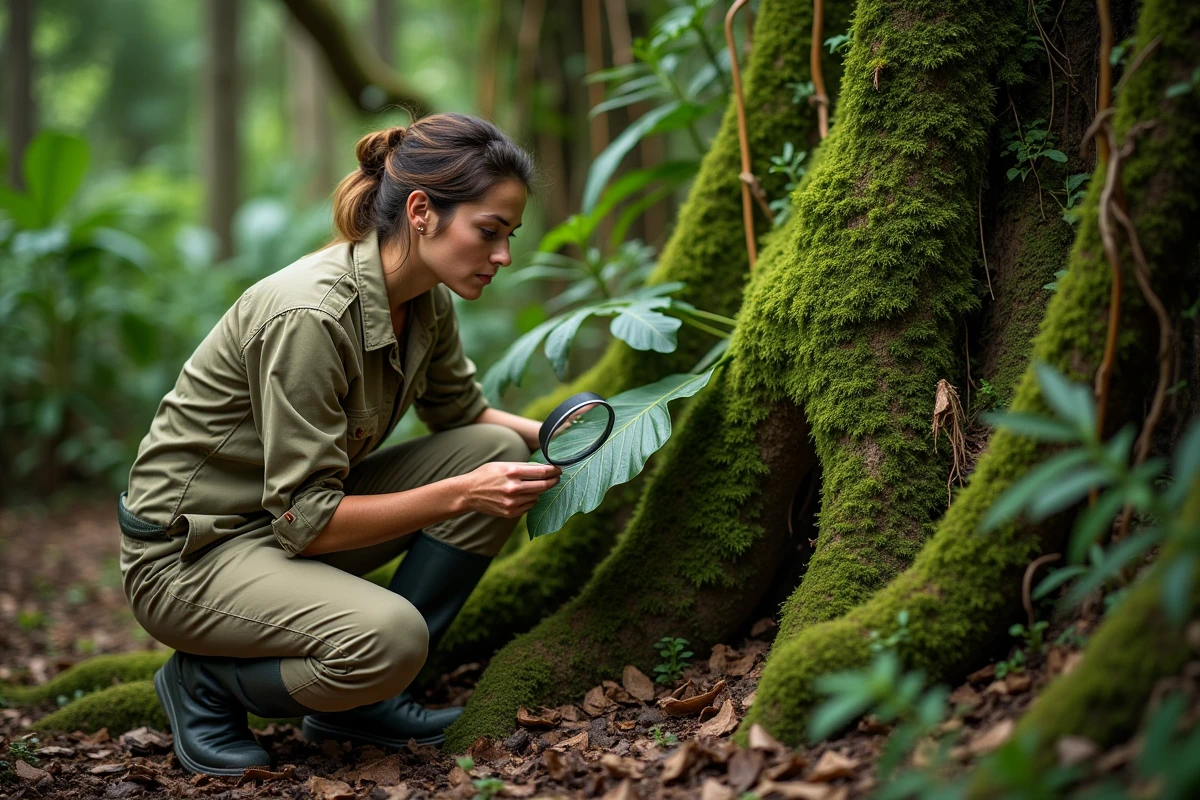 Botaniste examinant un arbre géant recouvert de mousse sur le sol de la forêt amazonienne