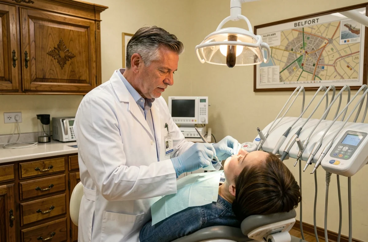 Dentiste du Cabinet Dentaire Belfort de Lille réalisant un soin dentaire dans un cabinet aux touches classiques et modernes