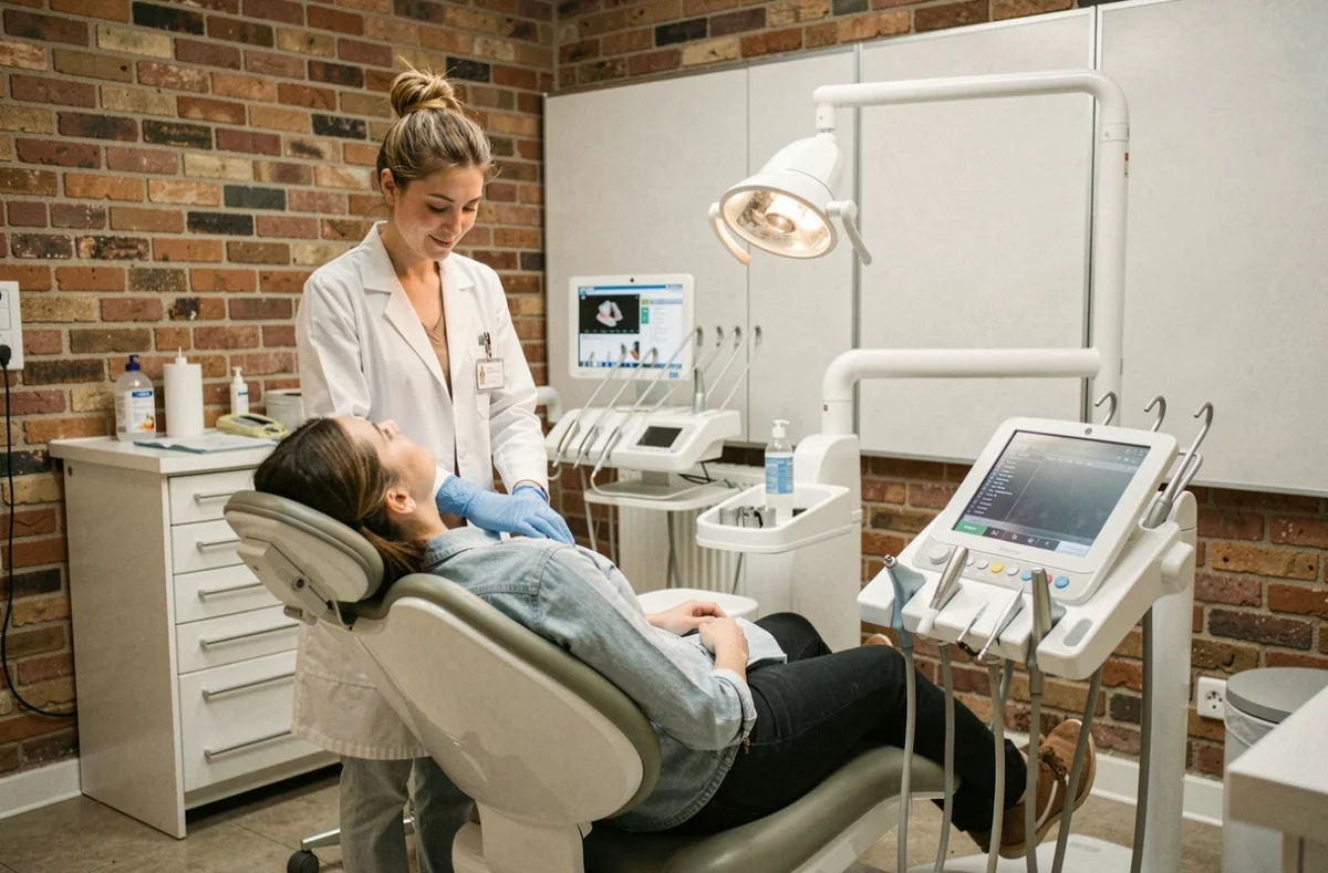 Dentiste en consultation au cabinet dentaire Docali de Lille Wazemmes avec une patiente sur le fauteuil dentaire