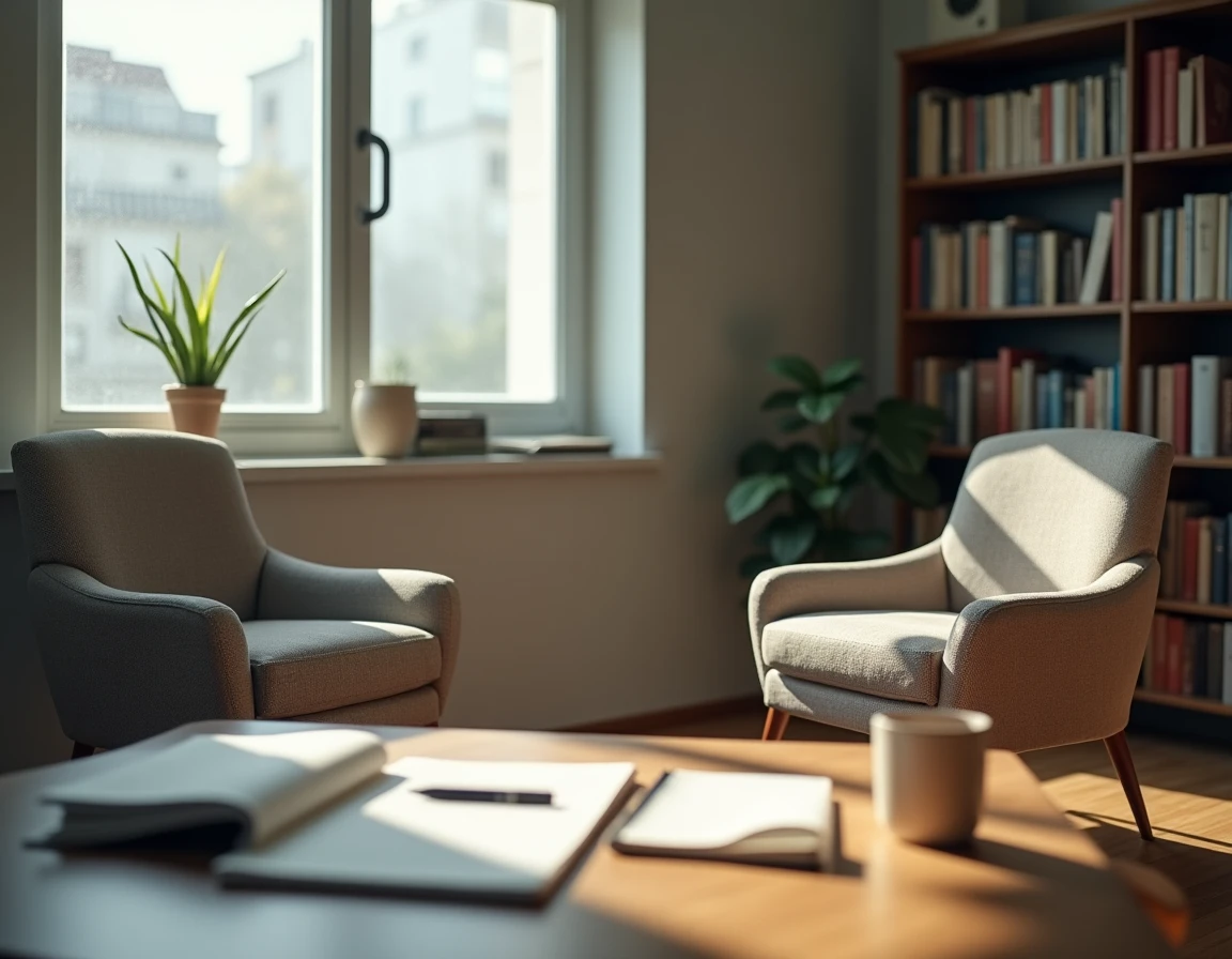 Bureau de psychologue vide avec deux fauteuils face à face et une bibliothèque de livres de psychologie, évoquant le traitement des troubles mentaux graves