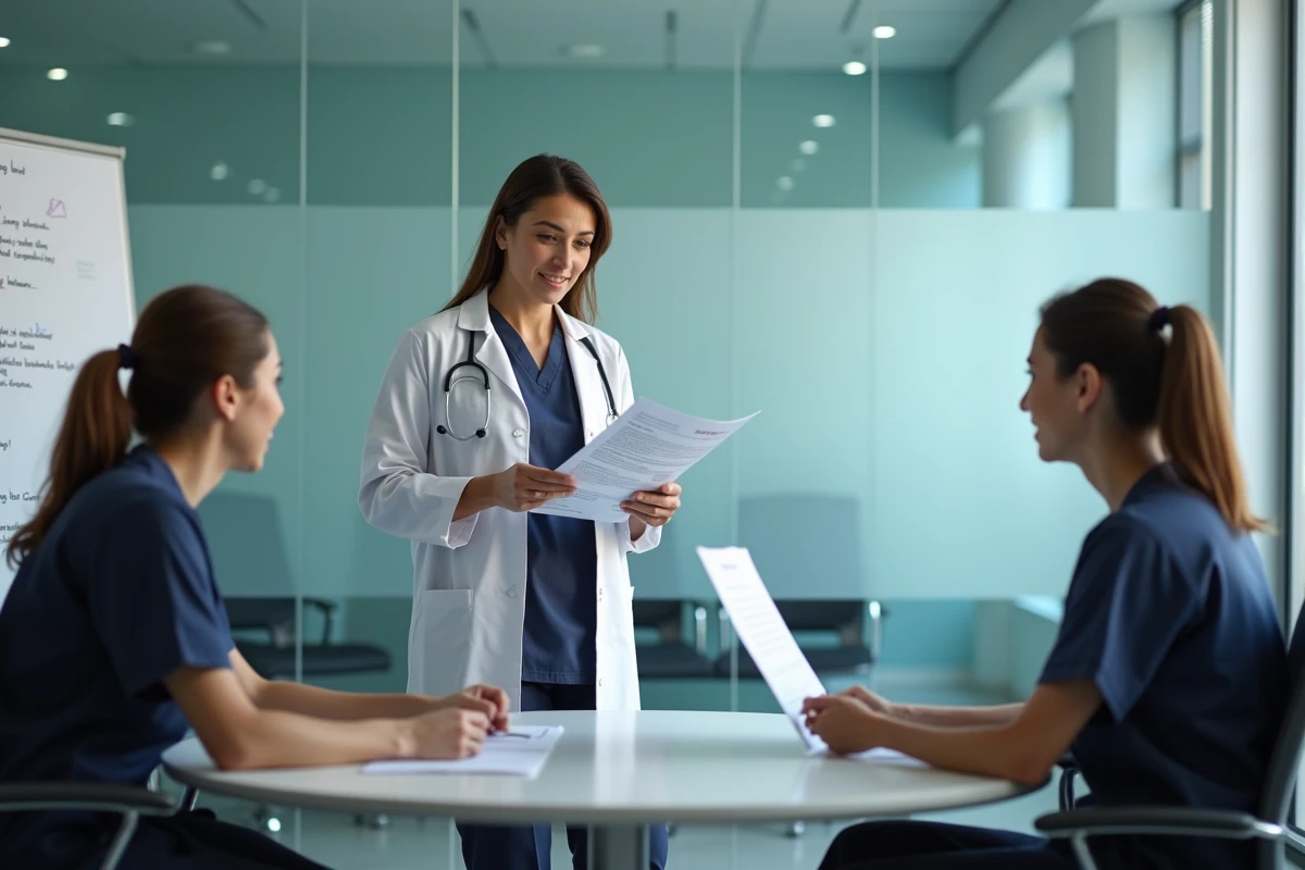 Cadre de santé femme animant une réunion d'équipe infirmière dans une salle de réunion hospitalière moderne