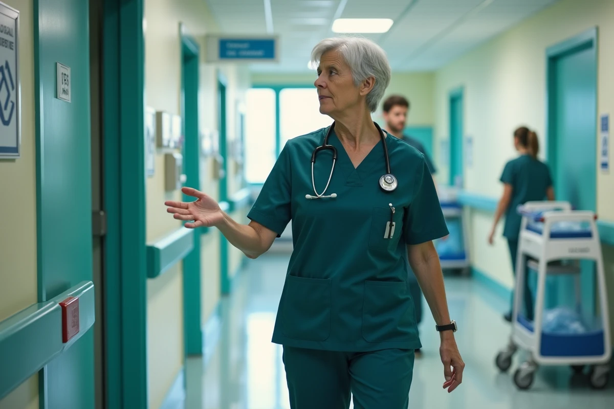 Cadre de santé senior guidant une infirmière junior dans un couloir d'hôpital lors d'une tournée de service