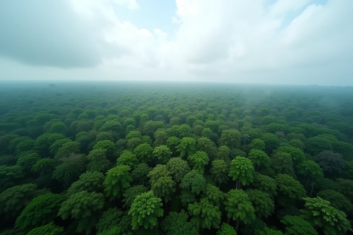 Vue aérienne de la canopée de la forêt amazonienne avec une mer infinie d'arbres tropicaux et de brume naturelle