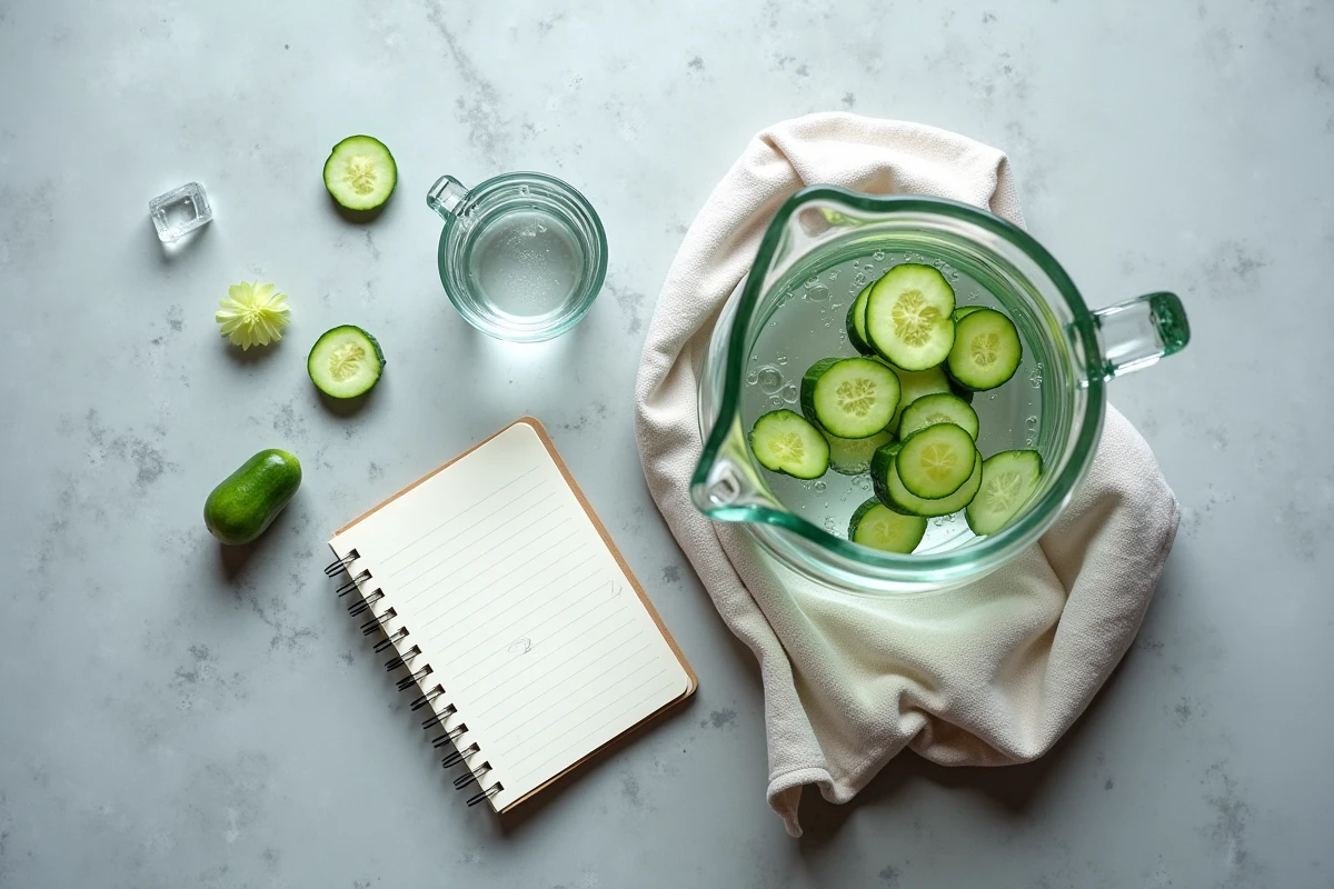 Vue aérienne d'une carafe d'eau avec concombre et notes manuscrites sur la consommation d'eau journalière