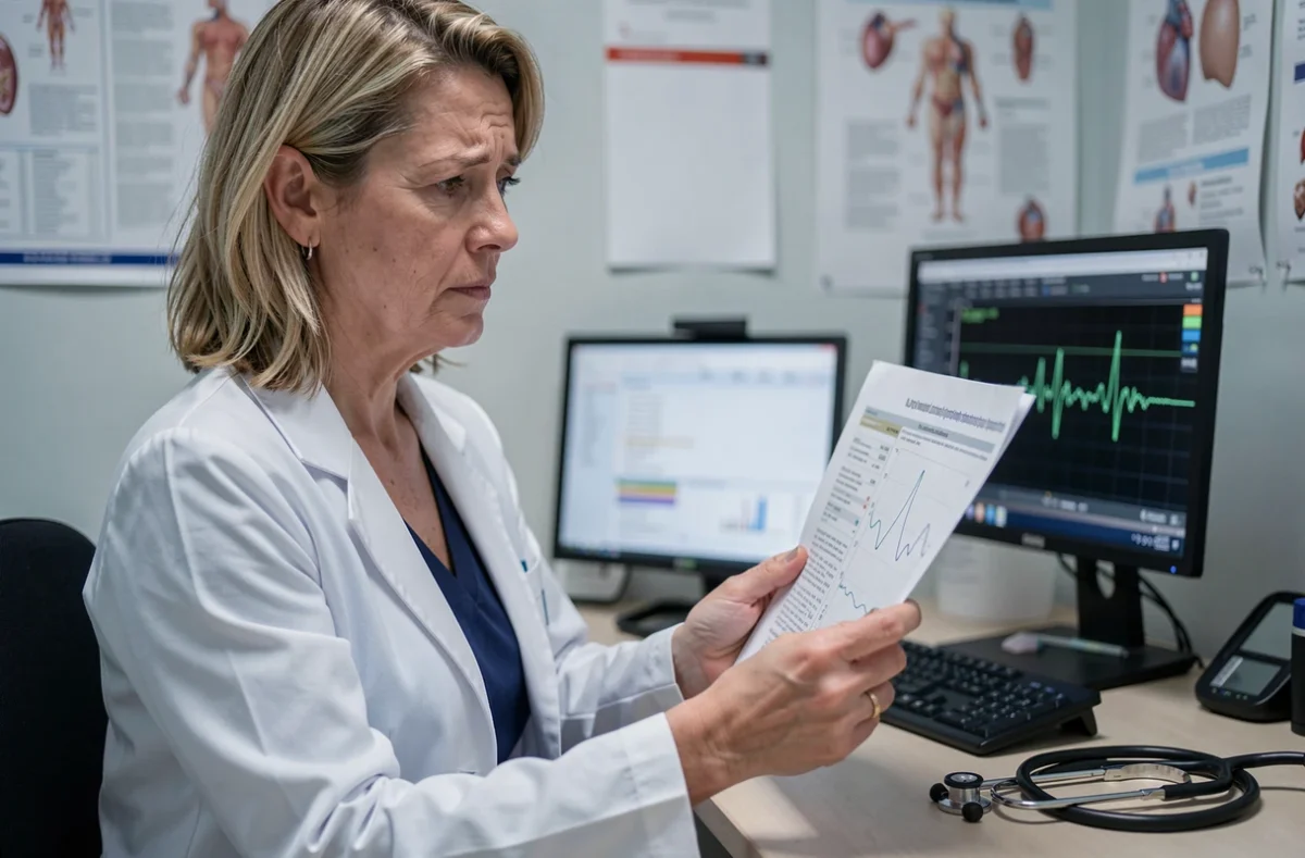Cardiologue examinant un tracé cardiaque dans un cabinet médical, soulignant l'impact des vagues de chaleur sur la santé du cœur