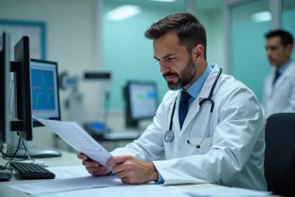 Cardiologue analysant les résultats de troponine post-opératoire sur tablette et documents imprimés en milieu hospitalier