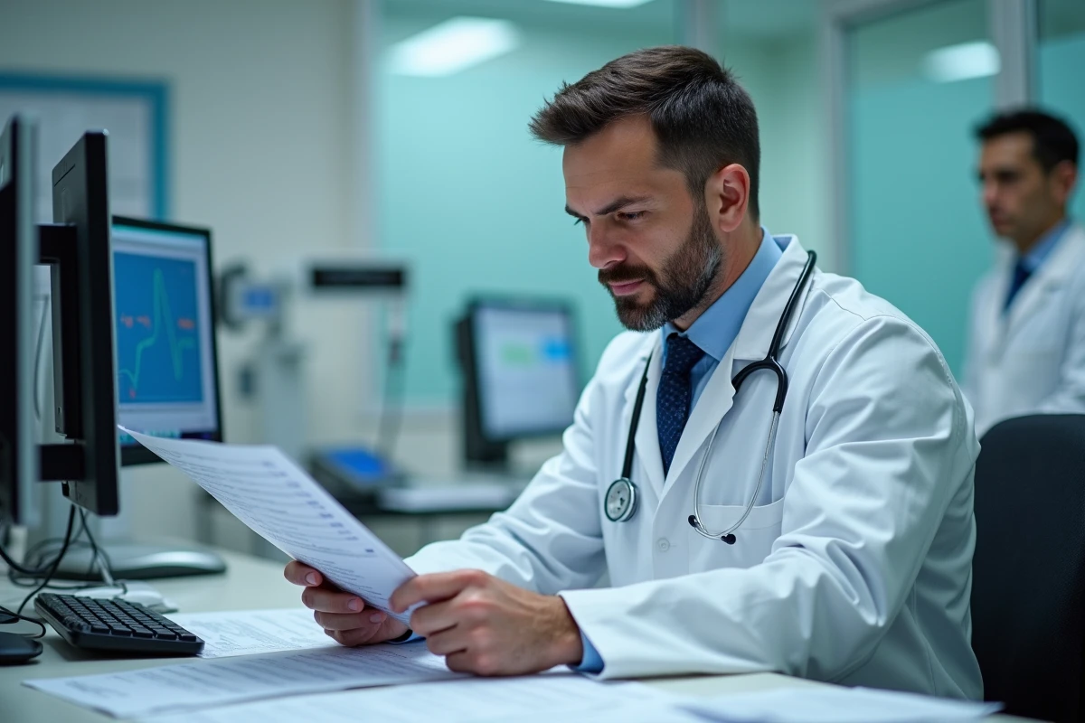 Cardiologue analysant les résultats de troponine post-opératoire sur tablette et documents imprimés en milieu hospitalier