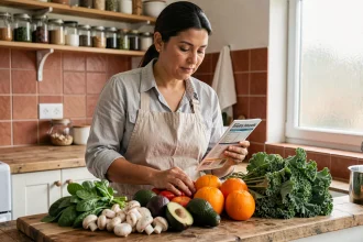 Femme arrangeant des légumes et fruits riches en vitamine D sur un comptoir de cuisine rustique