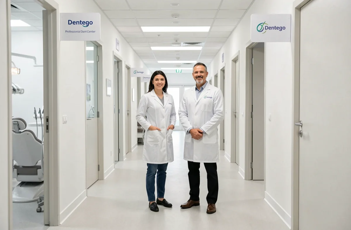 Équipe de dentistes du Centre Dentaire Lille Dentego dans le couloir de leur établissement moderne