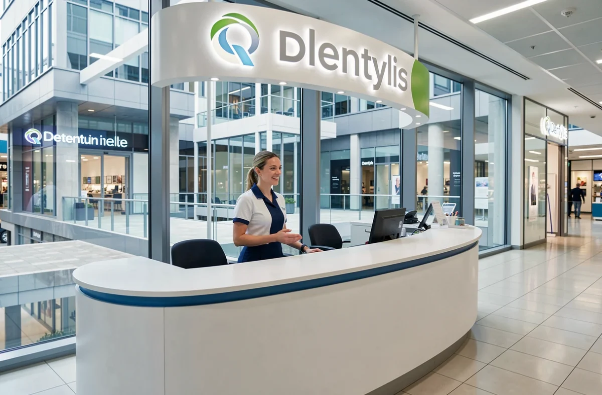 Réception du Centre Dentaire Lille Lillenium Dentylis avec une hôtesse d'accueil dans un espace commercial moderne