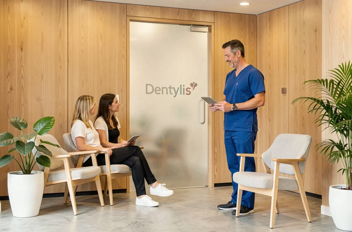 Entrée moderne du Centre Médical et Dentaire Lille Masséna Dentylis avec un dentiste accueillant une patiente