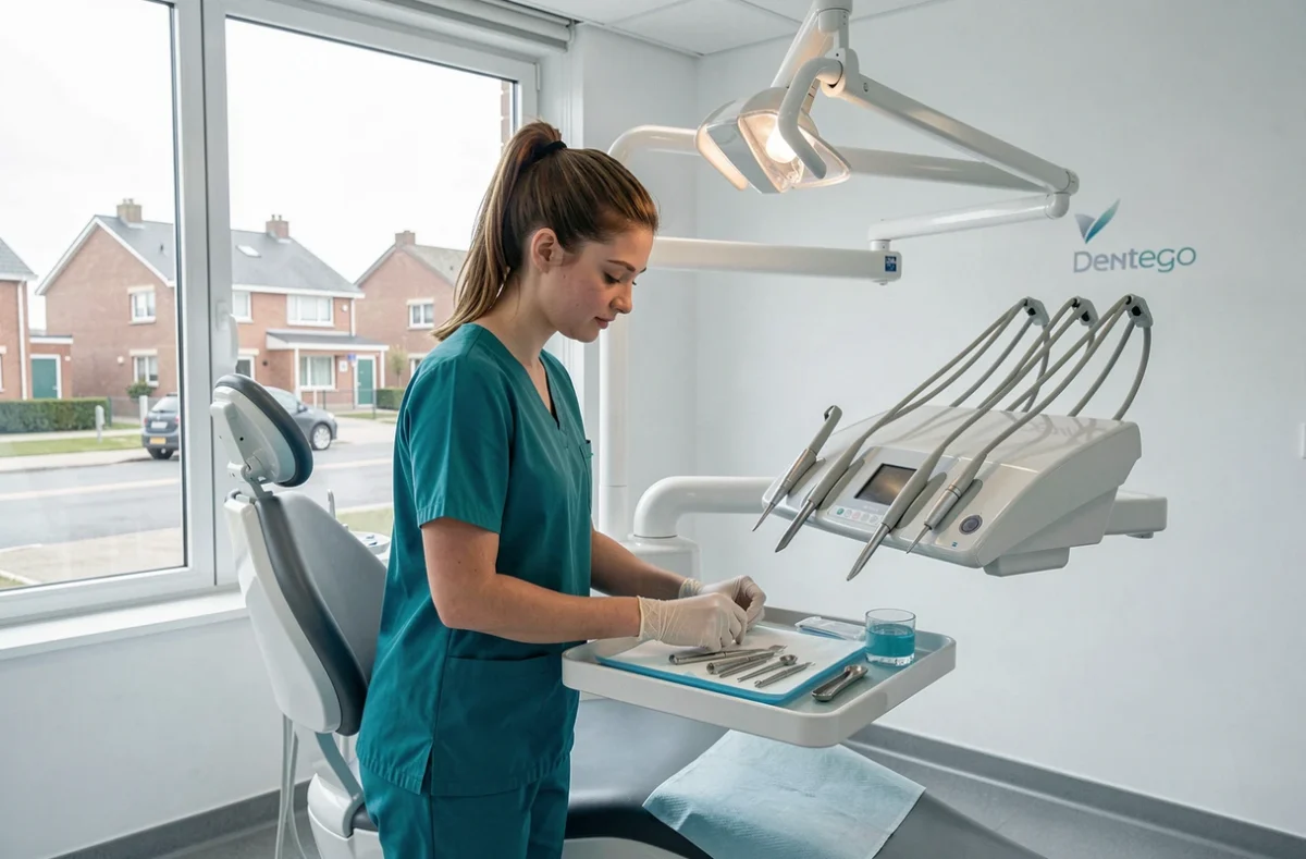 Assistante dentaire préparant les instruments au Centre Dentaire Villeneuve d'Ascq Dentego dans une salle de soin moderne