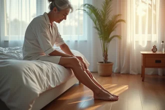 Femme aux chevilles enflées au réveil, assise sur le bord de son lit le matin