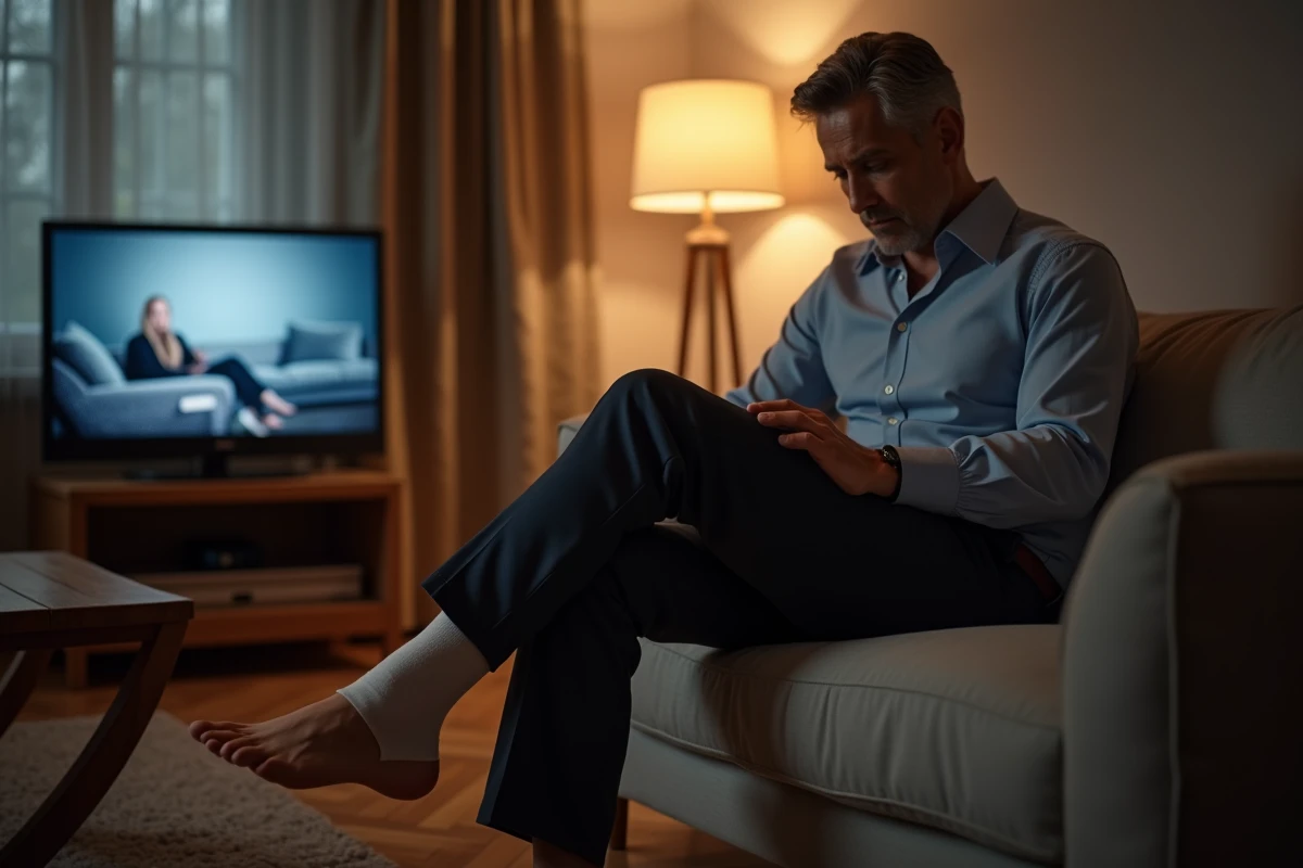 Homme retirant sa chaussure le soir avec une cheville gonflée après une longue journée de travail