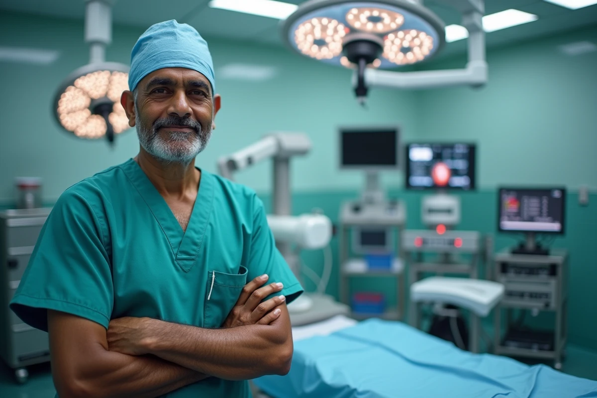 Chirurgien indien expérimenté aux côtés d'un système chirurgical robotique dans un bloc opératoire moderne