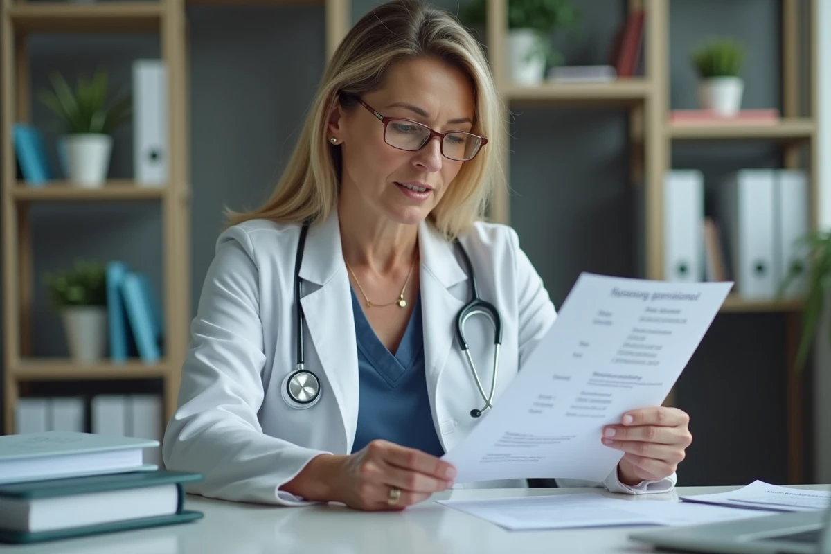 Médecin comparant un rapport diagnostique et une ordonnance pour vérifier la cohérence entre diagnostic et prescription