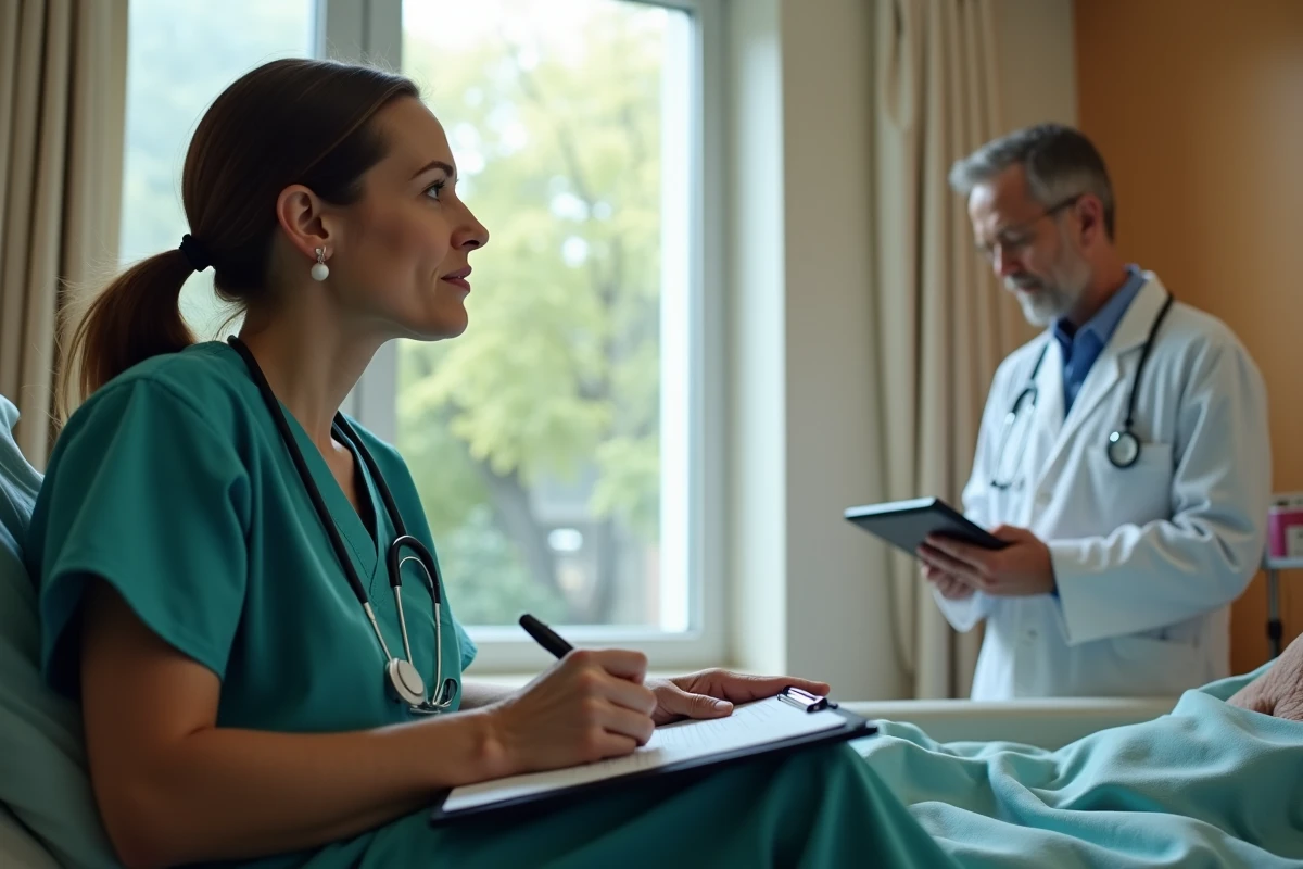 Infirmière et médecin en soins collaboratifs auprès d'un patient âgé dans une chambre d'hôpital