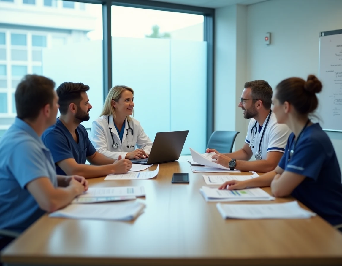 Équipe interprofessionnelle de santé collaborant autour d'une table de réunion hospitalière moderne