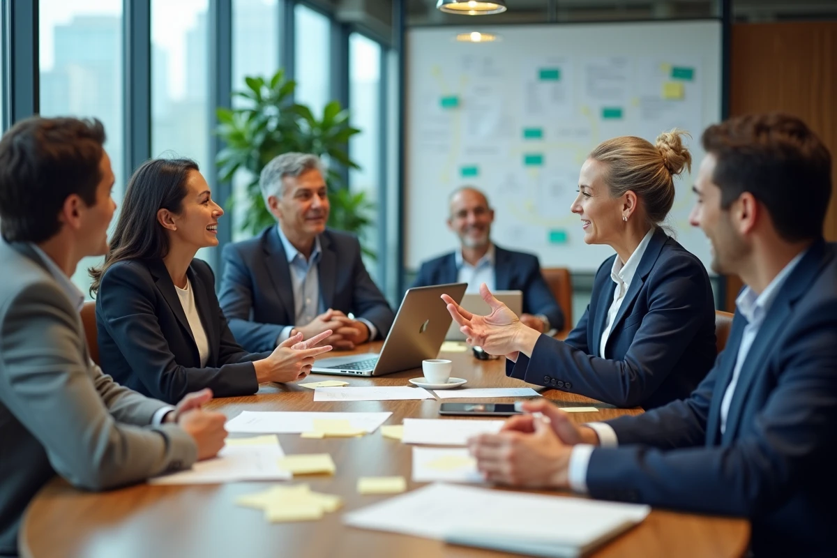 Équipe de professionnels collaborant autour d'une table de réunion moderne dans un bureau contemporain