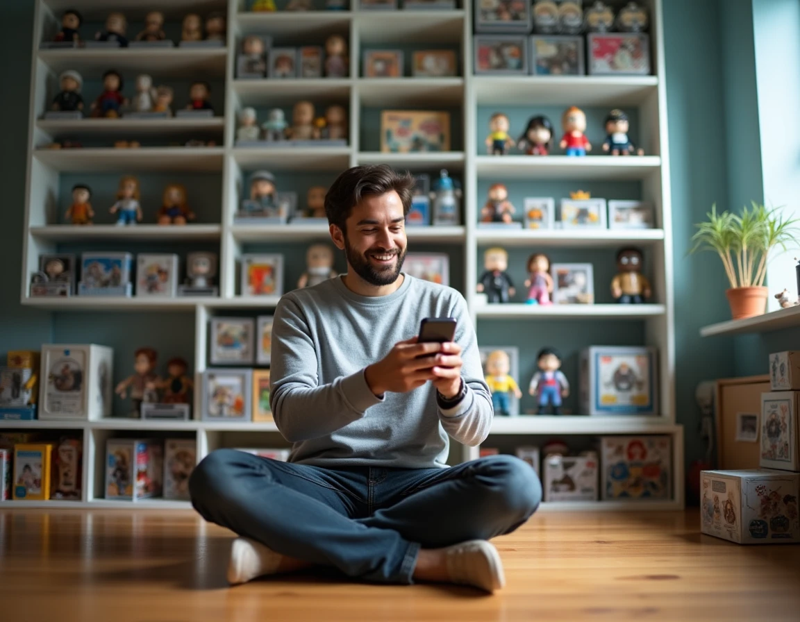 Jeune collectionneur de figurines photographiant sa collection dans un appartement moderne avec des étagères remplies de jouets sous blister
