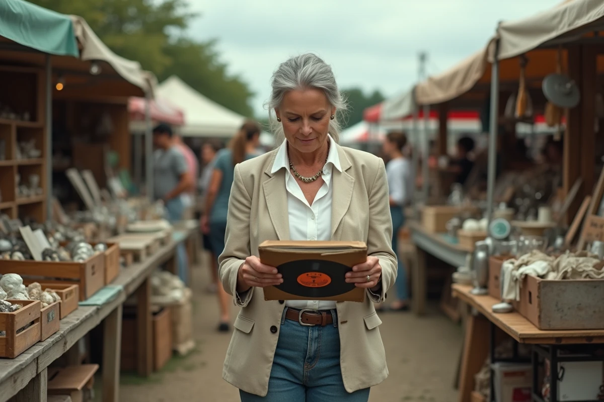 Femme collectionneuse découvrant un disque vinyle rare dans un marché aux puces en plein air parmi des objets anciens