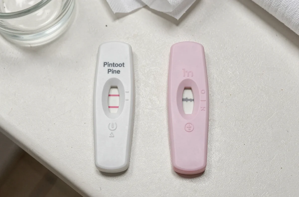 Comparaison côte à côte de deux tests de grossesse montrant une vraie ligne positive et une barre d'évaporation grisâtre
